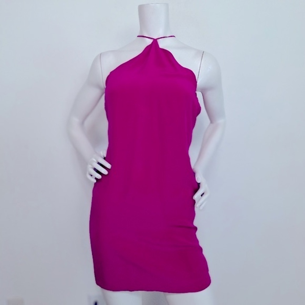 Assali Pink Romantic Preppy Silk Open Back Halter Neck Minimalist Mini Dress *S